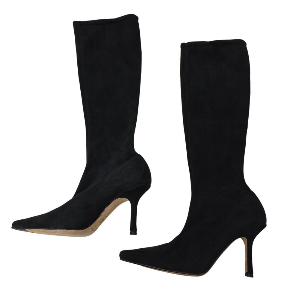 Jimmy Choo Vintage Black Suede Knee High Boots Pointed Toe Heels 37.5 US 7.5
